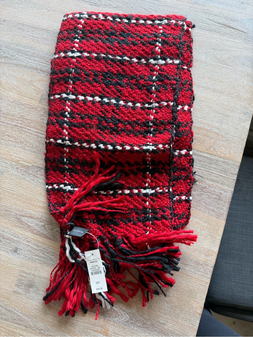 Talbots Red, Black and White Woven Fringe Scarf